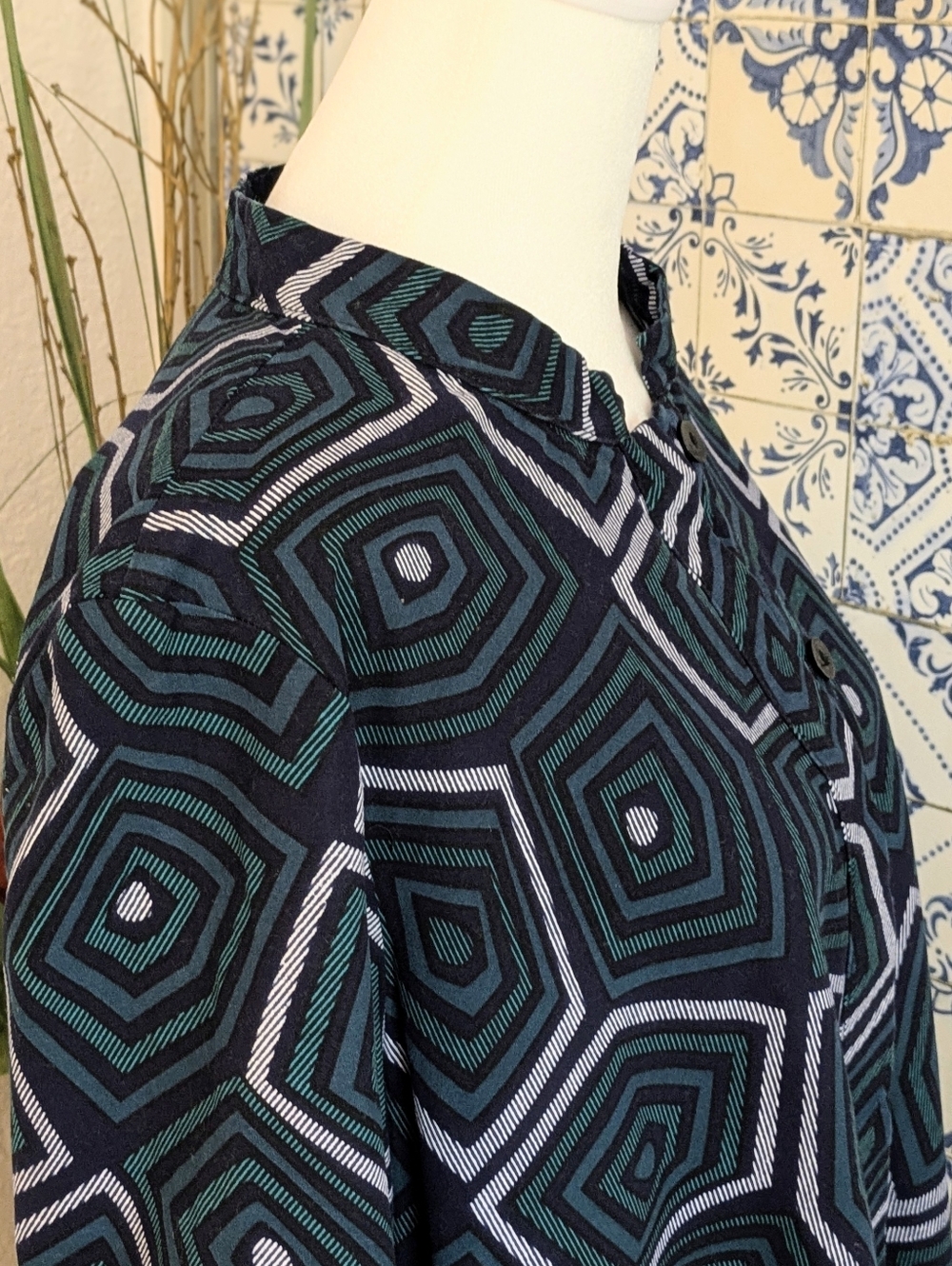 Zuri Geometric A-Line Women's Dress in Teal and Navy Sz L - Picture 2 of 6